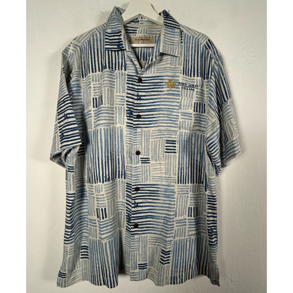 Tommy Bahama Mens Button Down Shirt Tobin James Cellars Silk Geo Blue Size Large